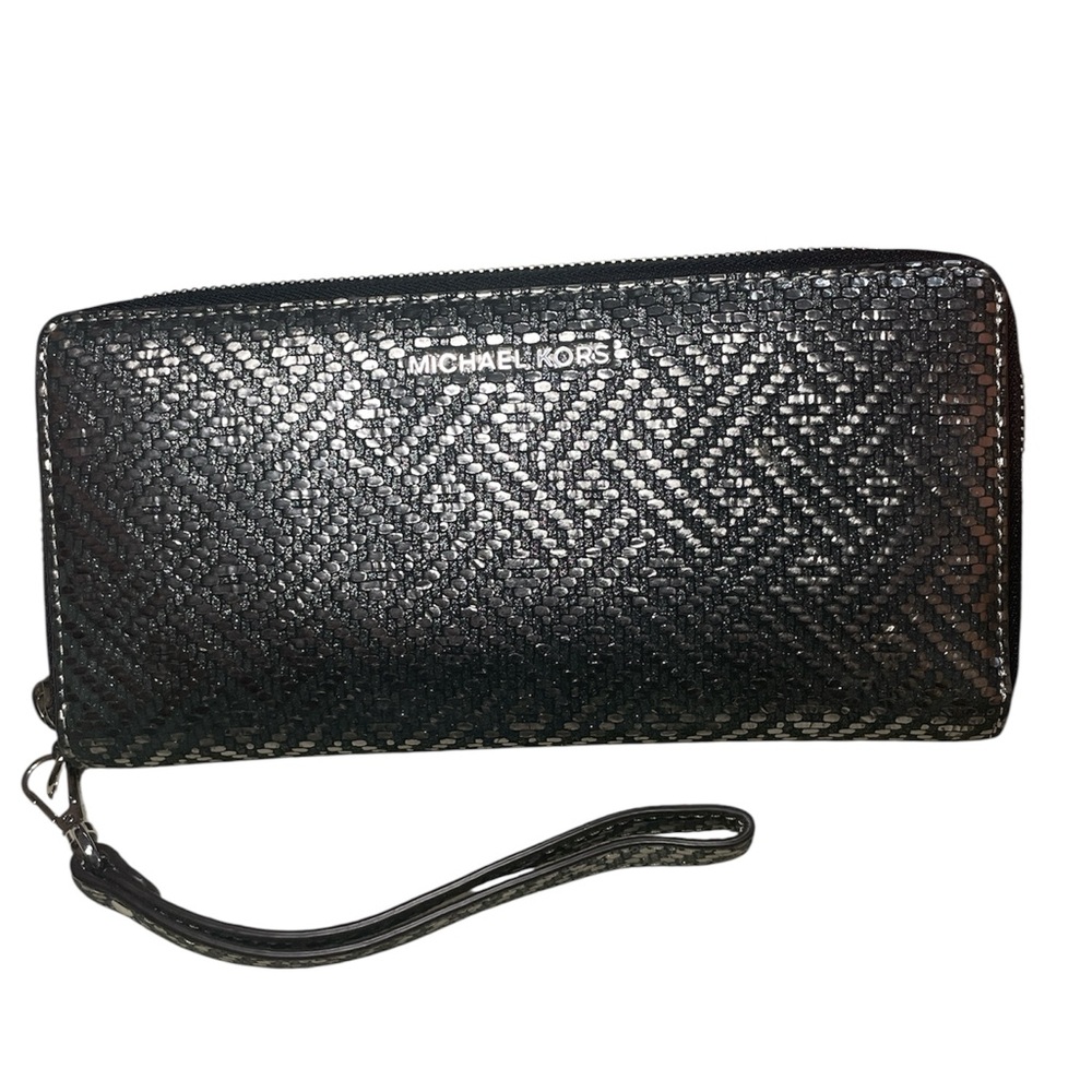 Michael Kors Black Metallic Woven Jet Set Zip Wristlet